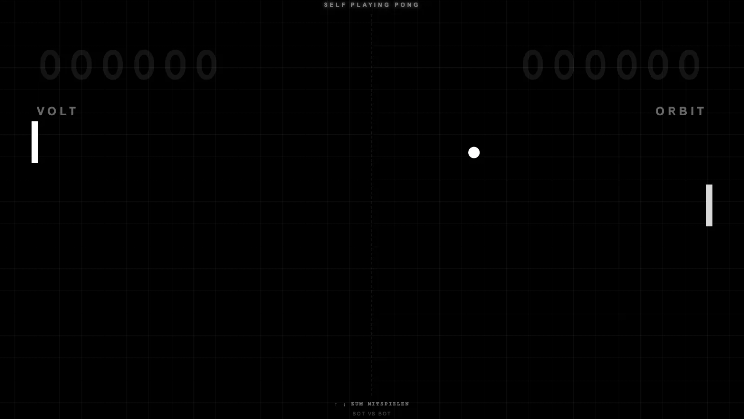 Self-Playing Pong im Browser: zwei weiße Schläger und ein Ball auf schwarzem Spielfeld mit gestrichelter Mittellinie, oben die Punktestände der Bots Volt und Orbit